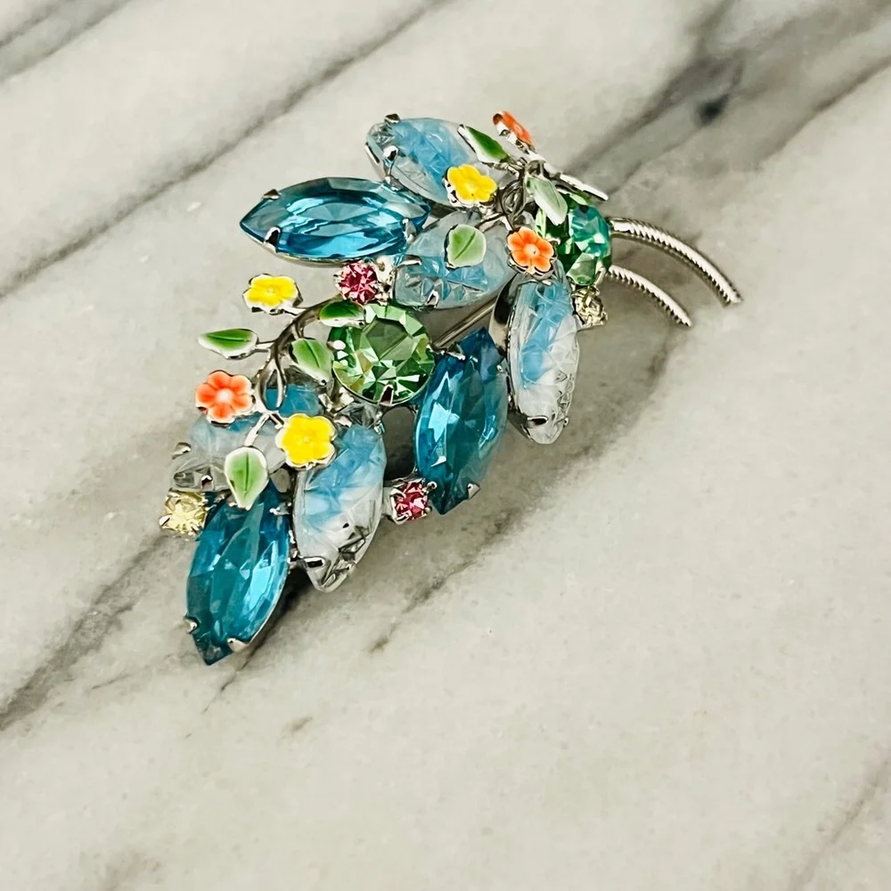 Vintage Blue Crystal Brooch Prong Set Navettes Green Pink Accent Enamel Flower‎